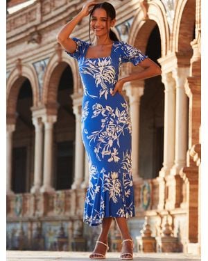 Sosandar Floral Print Fluted Hem Midi Jersey Dress - Blue