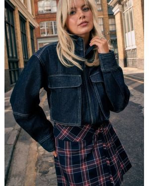 Next Rinse Funnel Neck Zip Up Boxy Denim Jacket - Blue