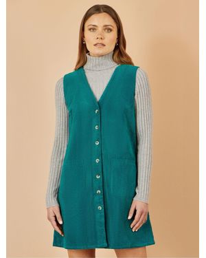 Yumi' Cord Button Through Pinafore Dress With Pockets - Blue