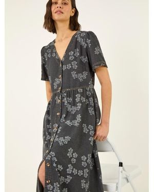 Roman Floral Denim Shirt Dress - Black