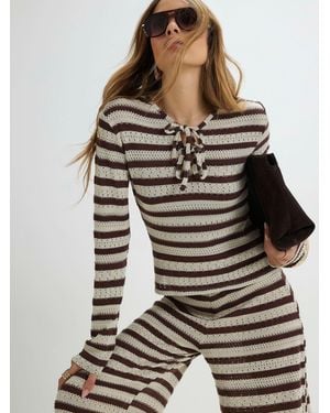 River Island Stripe Textured Long Sleeve Tie Front Top - Gray