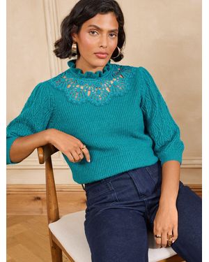 Love & Roses High Neck Lace Detail 3/Sleeve Knitted Top - Blue