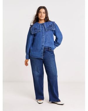 Simply Be Oversized Collar Embroidered Denim Shirt - Blue