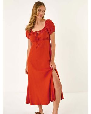Roman Puff Sleeve Mix Midi Dress - Red