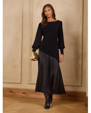 Love & Roses Satin Woven Mix Boat Neck Knitted Midi Dress - Schwarz