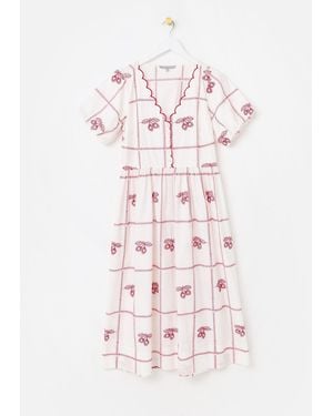 Oliver Bonas Strawberry Embroidered V-Neck Midi Dress - Pink