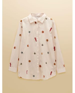 Joules Sophia Embroidered Holiday Icons Longline Cotton Shirt - Natural