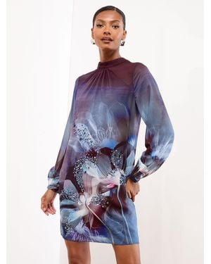 Lipsy Mini Embellished Floral Long Sleeve Shift Dress - Blue