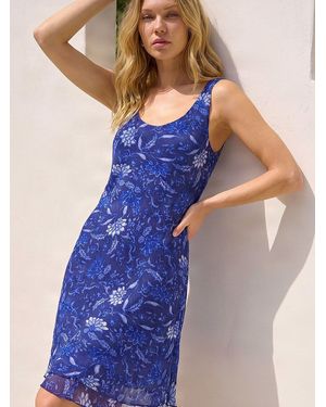 Roman Floral Print Double Layer Dress - Blue
