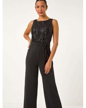 Roman Contrast Sequin Bodice Jumpsuit - Black