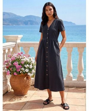 Roman Denim Button Through Midi 100% Cottton Dress - Blue