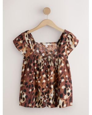 Next Flutter Sleeve Button Front Top With Linen - Brown