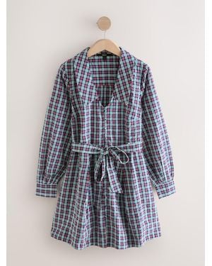 Next Mini Long Sleeve Collared Shirt Dress - Blue