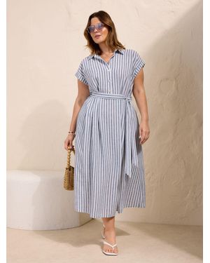 Friends Like These Curve Button Down Tie Waist Collared Shirt Midi Dress - Blue