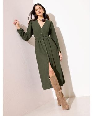 Friends Like These Long Sleeve Tie Waist Button Up Textured Midi Dress - Green