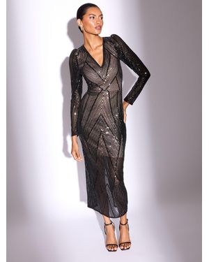 Lipsy Sequin V-Neck Puff Long Sleeve Midaxi Dress - Black