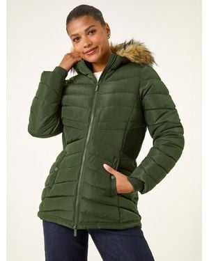 Roman Faux Fur Hooded Quilt Coat - Green