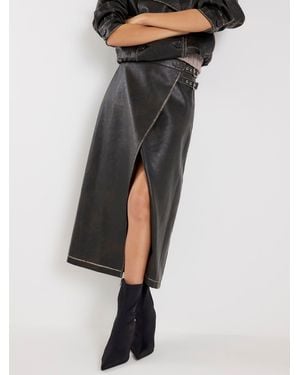 River Island Distressed Faux Leather Wrap Midi Skirt - Black