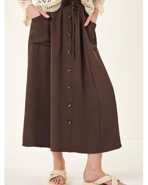 Roman Button Front Tie Midi Skirt - Brown