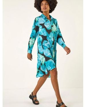 Roman Abstract Print High Low Shirt Dress - Blue
