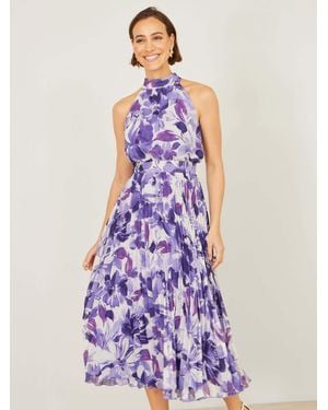 Yumi' Abstract Floral Halter Neck Pleated Midi Dress - Purple