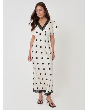 Threadbare Polka Dot Satin Lace Trim Tea Dress - White