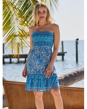 Sosandar Paisley Print Shirred Bandeau Crinkle Beach Dress - Blue