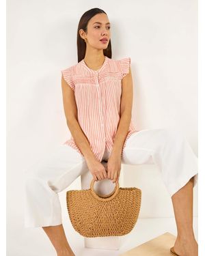 Roman Stripe Print Frill Blouse - Natural