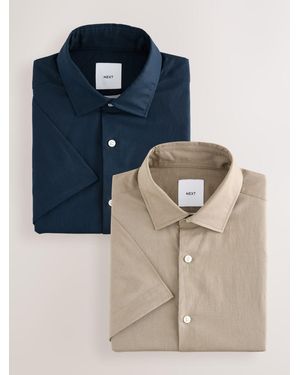 Next Regular Fit Cotton Linen Blend Short Sleeve Smart Shirts 2 Pack - Blue
