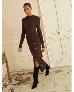 Love & Roses Crew Neck Scallop Long Sleeve Knitted Midi Dress - Natural