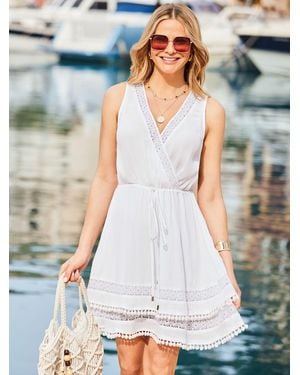 Sosandar Wrap Front Pom Pom Detail Beach Dress - White