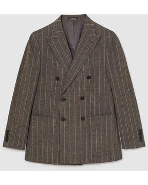 ATELIER Linen-Cotton Pinstripe Double-Breasted Blazer - Brown