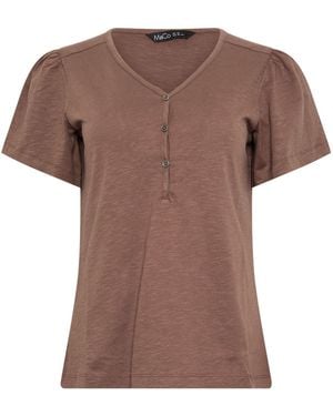 M Com Placket Short Sleeve Cotton Top - Brown