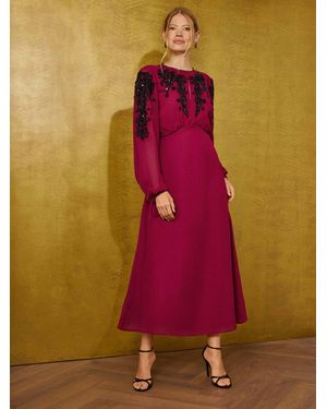 Love & Roses Burgundy Embellished Tie Cuff Midi Dress - Red