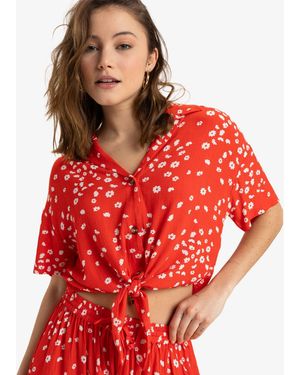 Roxy Ditsy Floral Print Salty Sweet Short Sleeve Crop Shirt - Red