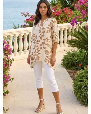 Roman Leaf Print Wrap Hem Tunic Top - Natural
