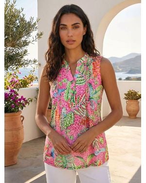 Roman Light Tropical Leaf Print Pintuck Blouse - Pink