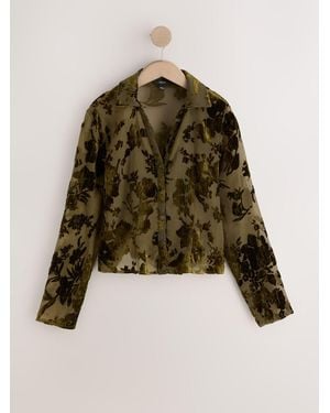 Next Flocked Velvet Floral V-Neck Long Sleeve Shirt - Green