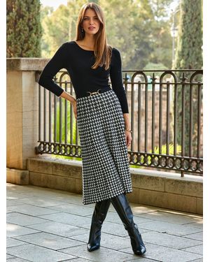 Sosandar Boatneck Houndstooth Fit N Flare Knit Dress - Metallic