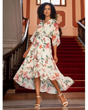 Yumi' Floral Print Wrap Midi Dress With Dipped Hem - Red