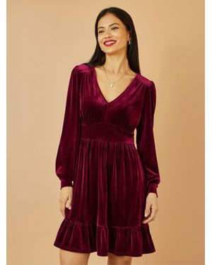 Yumi' Velvet Long Sleeve Skater Dress - Purple