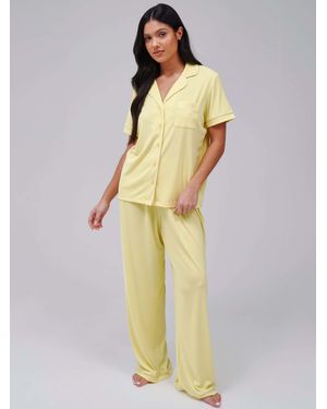Loungeable Super Soft Jersey Rib Traditional Short Sleeve Long Pyjamas Set - Metallic