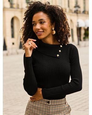 Sosandar Asymmetrical Neck Cable Knit Top - Black