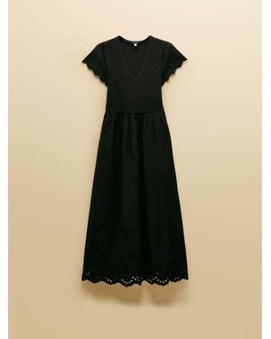 Joules Ivy Shirred Jersey Woven Midi Dress With Broderie Sleeve Detail - Black