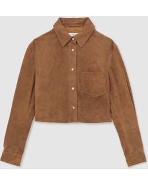 Reiss Connie - Tan Suede Press-stud Cropped Shirt, Us 14 - Brown