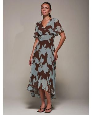 Jolie Moi Jolie Moi Dark Chiffon Pleated Dip Hem Maxi Dress - Brown