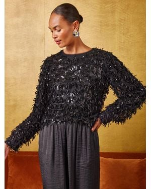 Love & Roses Petite Fringe Sequin Long Sleeve Blouse - Blue