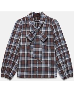 Mint Velvet Checked Cotton Tie Neck Blouse - Gray