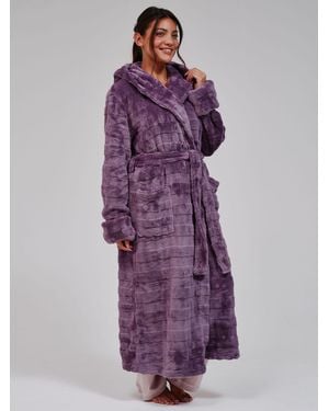 Loungeable Embossed Stripe Luxury Fleece Maxi Hooded Dressing Gown - Lila