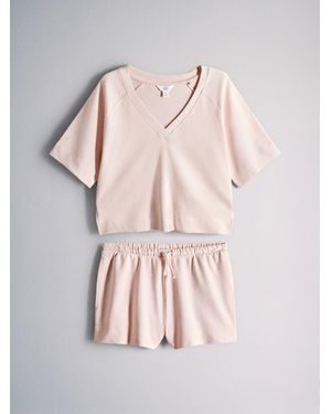 The Set V-Neck T-Shirt And Short Towelling Co-Ord Pale - Pink